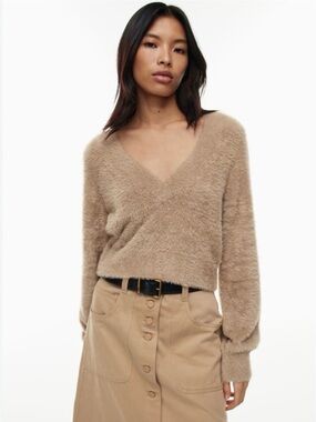 SUNDAY BEST Teddy Bear Kitten Fuzzy V-Neck Sweater Cropped Balloon Sleeves Large